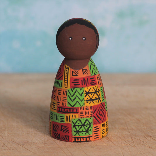 Peg doll with African wax print dress design