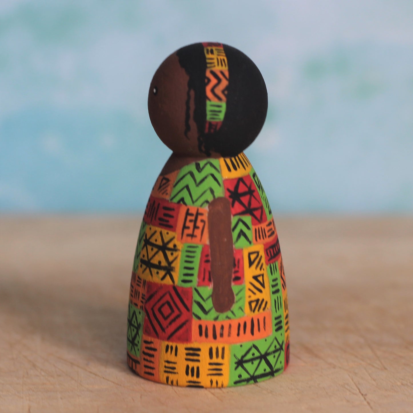 Peg doll with African wax print dress design