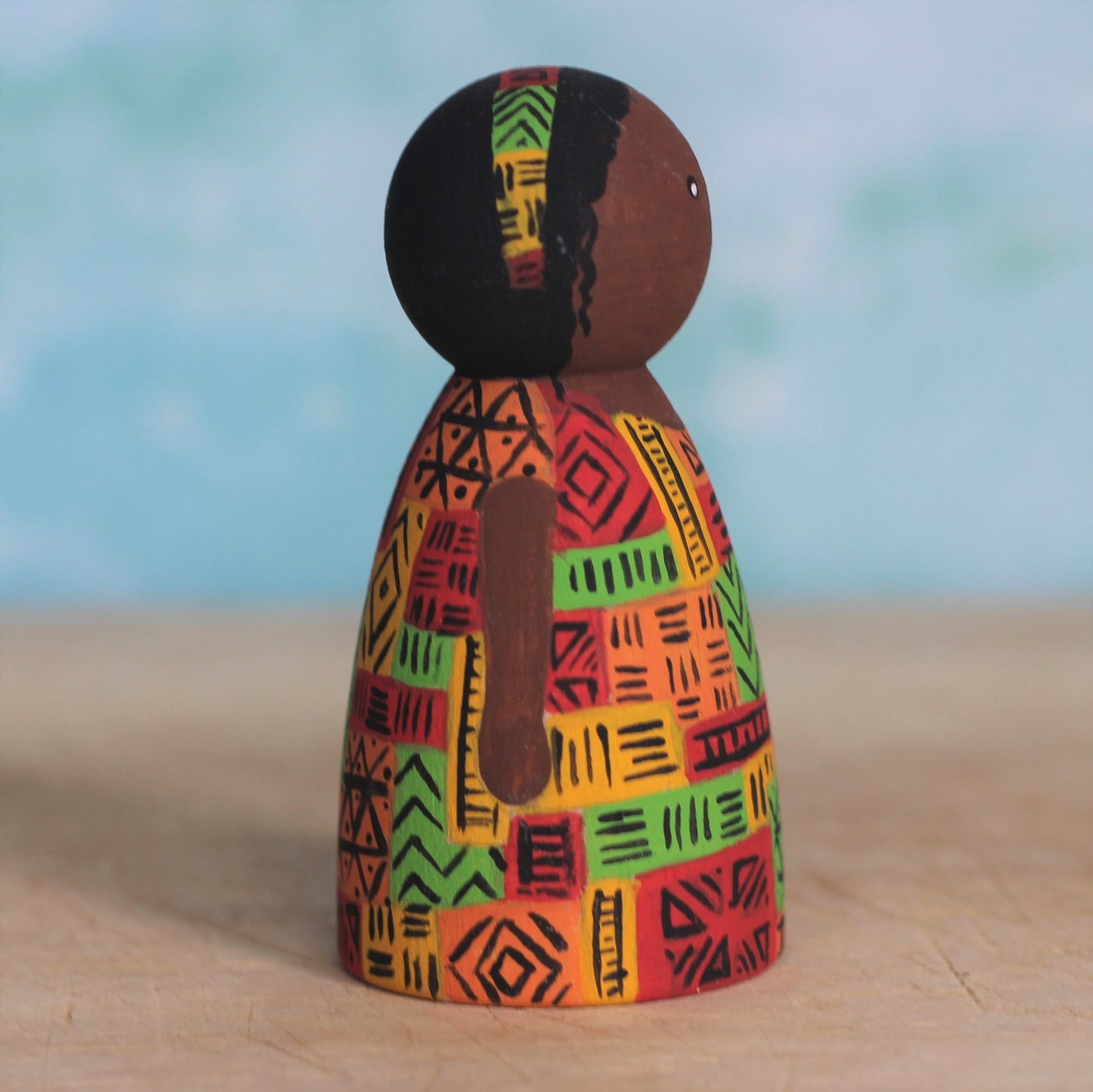 Peg doll with African wax print dress design