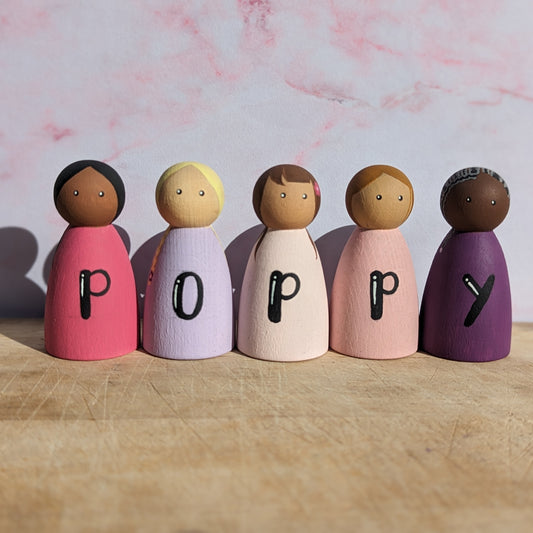 Personalised: Name peg dolls with hair and skin tones details (Female hair styles)